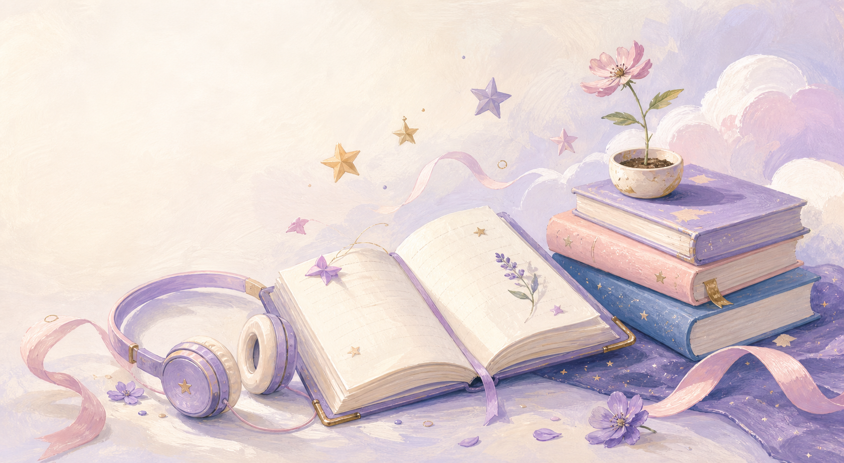 Pastel books, notebook, flowers, and headphones